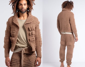 Crochet Pants, Knitted Trousers, Unisex Knitted Pants, Gift For Him, Gift For Her, Patchwork Trousers, Brown Set, Boho Pants