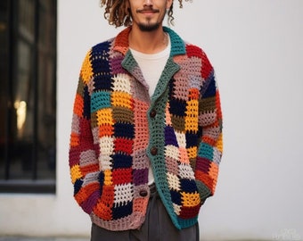 Cárdigan cuadrado de la abuela hecho a mano, suéter de ganchillo colorido, prendas de punto de patchwork para hombre, chaqueta estilo boho, regalo único para él