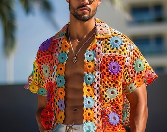 Crochet Granny Square Shirt, Men's Multicolor Handmade Top, Boho Festival Clothing, Unique Handcrafted Gift for Him