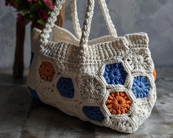 Handmade Crochet Tote Bag, Granny Square Tote Bag, Knitted Tote Bag, Colorful Market Shopper, Eco-friendly Accessory