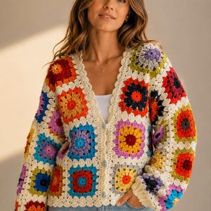Hand Crocheted Granny Square Sweater: Colorful Patchwork Knit Jacket