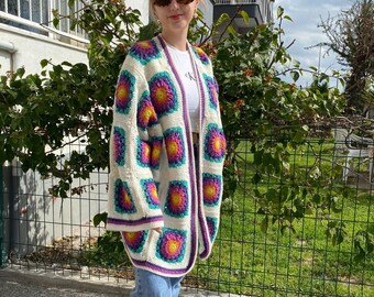 Cárdigan de ganchillo hecho a mano, Cárdigan cuadrado de la abuela, suéter colorido para mujer, prendas de punto boho chic, chaqueta de ganchillo, cárdigan patchwork