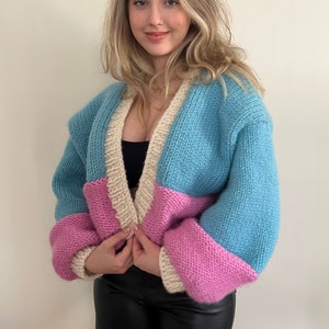 Chunky Blue and Pink Cardigan, Balloon Sleeve Cardigan, Knitted Cardigan, Winter Cardigan, Shrug Cardigan, Vintage Cardigan, Cozy Cardigan