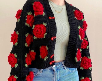 Crochet Rose Cardigan, Valentine's Day Cardigan, Patchwork Rose Cardigan, Rose Sweater, Boho Crochet Jacket, Best Gift, 3D Rose Cardigan