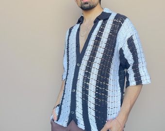 Crochet Shirt, Handmade Shirt, Knitted Shirt, Crochet Black and White Shirt, Cotton Unisex Shirt, Striped Shirt, Short Sleeve Shirt