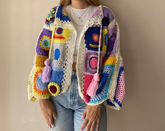 Patchwork Cardigan, Granny Square Cardigan, Crochet Cardigan, Handmade Cardigan, Knitted Cardigan, Handmade Jacket, Gift For Her