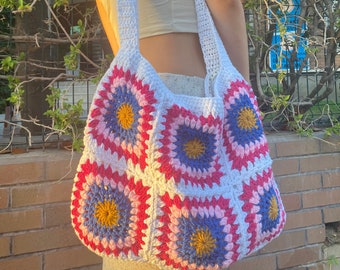 Granny Square Tote Bag, Crochet Tote Bag, Patchwork Shoulder Bag, Granny Square Shoulder Bag, Handmade Shoulder Bag