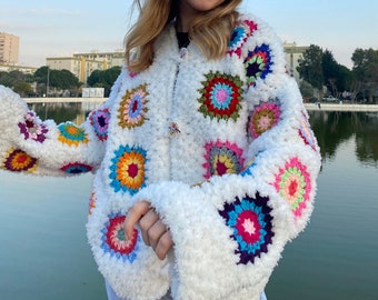 Chunky Granny Square Cardigan, Handknit Women Cardigan, Crochet Granny Square Jacket, White Knit Cardigan, Gift For Her