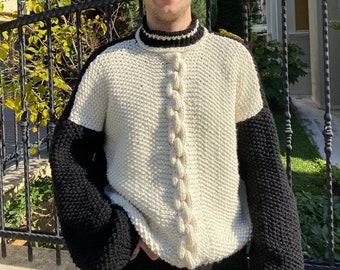 Unisex Crochet Black and White Sweater, Handknit Sweater, Matching Cardigan, Chunky Black Sweater, Cozy White Sweater, Valentines Day Gift