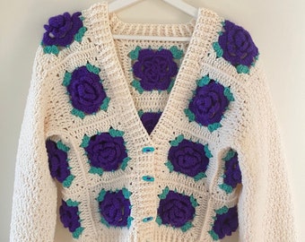 Crochet Rose Cardigan | Rose Jacket | Valentine Gift Cardigan | Patchwork Granny Cardigan | Boho Crochet Jacket | Handmade Cardigan