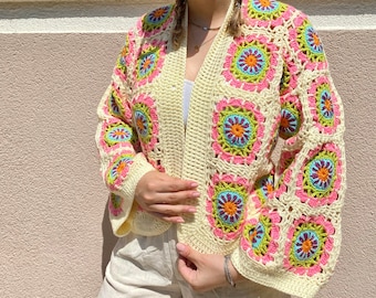 Granny Square Cardigan, Crochet Cardigan, Patchwork Cardigan, Best Gift, Handmade Cardigan, Personalized Gift, Women's Clothing