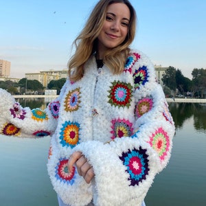 Chunky Granny Square Cardigan, Handknit Women Cardigan, Crochet Granny Square Jacket, White Knit Cardigan, Gift For Her