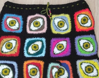 Evil Eye Patchwork Short, Unisex Crochet Short, Crochet Short, Granny Square Short, Short, Knitted Short