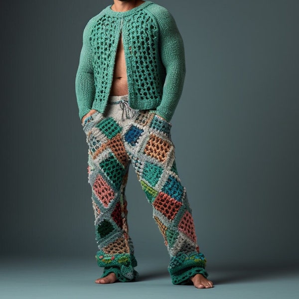 Granny Square Crochet Pants: Unisex Patchwork Knit Trousers