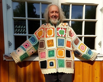 Granny Square Knit Cardigan, Handmade Multicolor Sweater, Unisex Cardigan, Crochet Cardigan, Knitted Cardigan, Handmade Gift