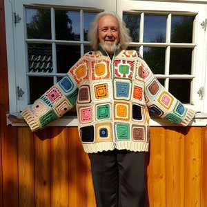 Granny Square Knit Cardigan, Handmade Multicolor Sweater, Unisex Cardigan, Crochet Cardigan, Knitted Cardigan, Handmade Gift
