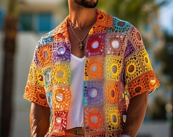 Crochet Men&#39;s Rainbow Shirt, Handmade Short Sleeve Top, Vibrant Summer Wear, Bohemian Style Men&#39;s Shirt, Unique Crafted Apparel