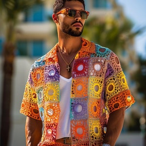 Crochet Men's Rainbow Shirt, Handmade Short Sleeve Top, Vibrant Summer Wear, Bohemian Style Men's Shirt, Unique Crafted Apparel image 1