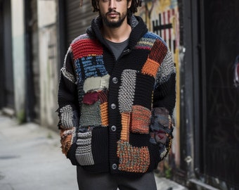 Cardigan carré grand-mère, cardigan patchwork, cardigan unisexe au crochet, veste carrée grand-mère, cardigan unisexe fait main, cardigan tricoté main