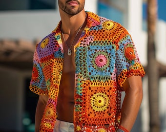 Handmade Crochet Men's Shirt, Multicolor Patchwork Top, Boho Style Short Sleeve, Vibrant Festival Wear, Unique Summer Fashion