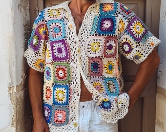 Handmade Granny Square Shirt, Crochet Multicolor Shirt, Men's Boho Style Shirt, Customizable Crochet Shirt