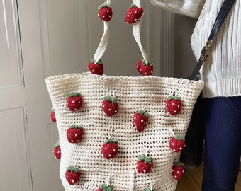 Bolso de mano de ganchillo de fresa, bolso de playa de verano hecho a mano, bolso de mercado de agricultores rojo y beige, bolso de punto único, bolso ecológico