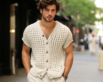 Crochet White Shirt, Summer Relax Fit Shirt, Boho Relax Shirt, Boho Shirt, Customizable Color and Buttons, Handknit Style, Gift for Men