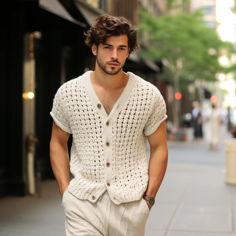 Crochet White Shirt, Summer Relax Fit Shirt, Boho Relax Shirt, Boho Shirt, Customizable Color and Buttons, Handknit Style, Gift for Men image 1