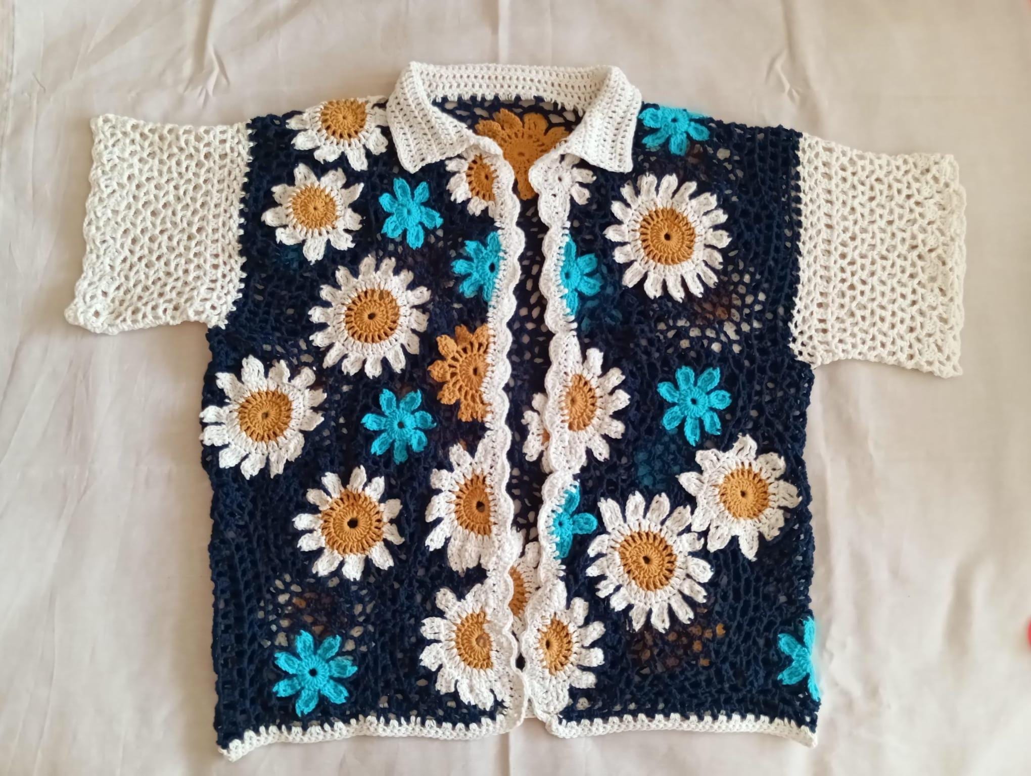 Handmade Crochet Floral Shirt, Boho Knit Patchwork - Etsy