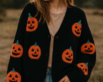Handmade Halloween Pumpkin Cardigan - Embroidered Cotton Knit Handmade Halloween Pumpkin Cardigan - Embroidered Cotton Knit