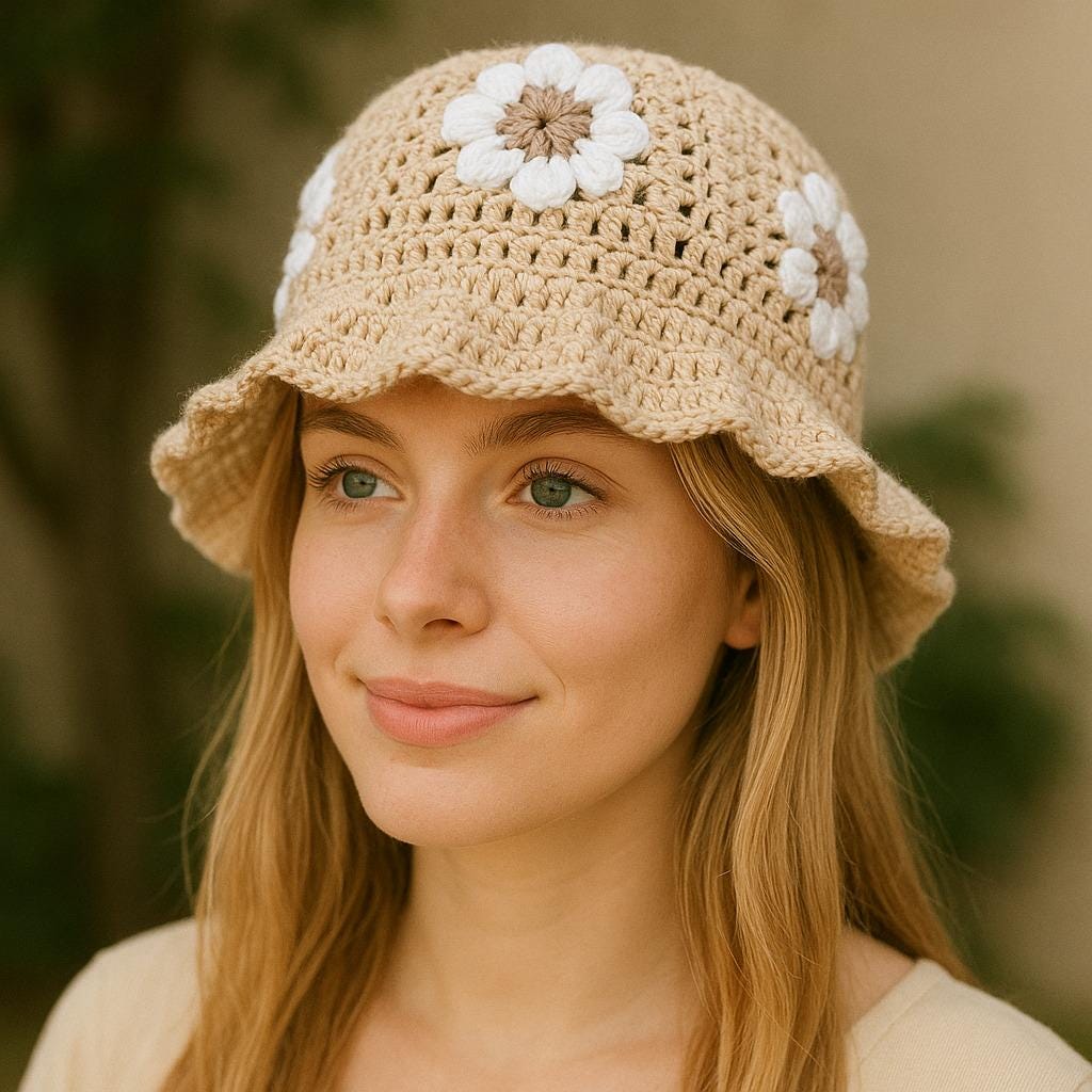 Heads Up By Rico Crochet Bucket Hat Cream Cotton Boho Cottagecore Floral Cloche Flower Market Bucket Hat X Crochet Pattern - Etsy main image 3