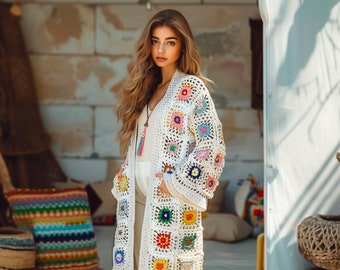 Bohemian Granny Square Cardigan, Handcrafted Crochet Coat, Multi-Color Patchwork Sweater, Women's Unique Crochet Jacket, Hippie Chic Wear