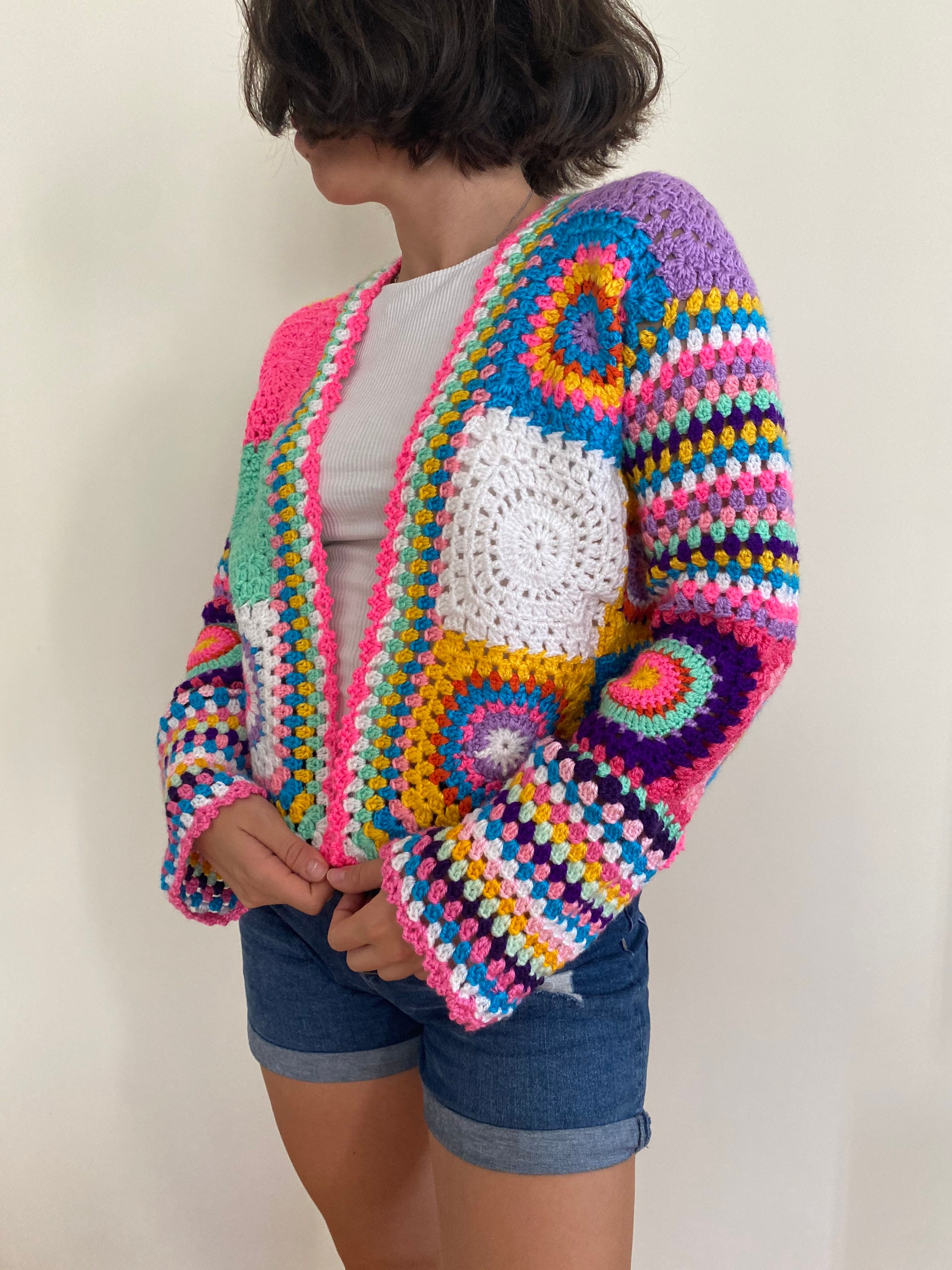 Colorful Patchwork Cardigan Crochet Jacket Yarn Rainbow - Etsy