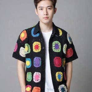 Knitted Shirt, Crochet Shirt, Granny Square Shirt, Handmade Shirt, Unisex Shirt, Patchwork Shirt, Summer Beachwear