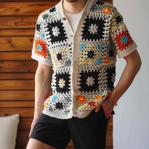 Handmade Crochet Granny Square Shirt, Unisex Vintage-Inspired Shirt, Retro Multicolor Knit Shirt, Customizable Boho Shirt