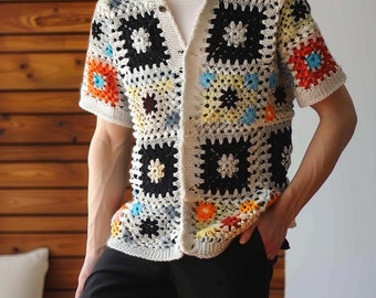 Handmade Crochet Granny Square Shirt, Unisex Vintage-Inspired Shirt, Retro Multicolor Knit Shirt, Customizable Boho Shirt