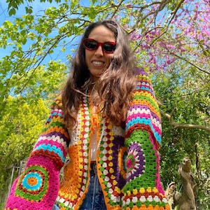 Colorful Boho Cardigan | Crochet Jacket | Yarn Rainbow Handknit Coat | Crochet Patchwork Jacket | Rainbow Colors Crochet Cardigan