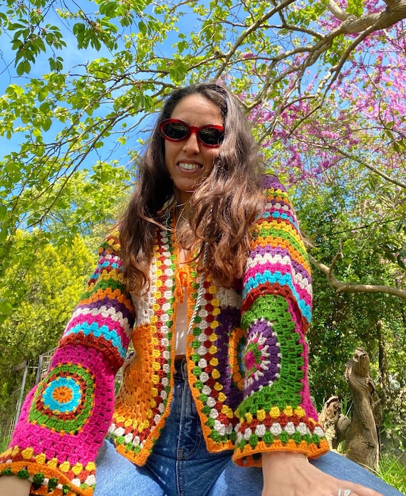 Colorful Boho Cardigan Crochet Jacket Yarn Rainbow Handknit Coat