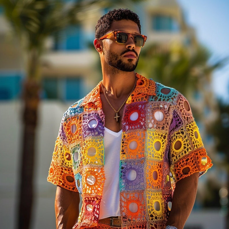 Crochet Men's Rainbow Shirt, Handmade Short Sleeve Top, Vibrant Summer Wear, Bohemian Style Men's Shirt, Unique Crafted Apparel image 1