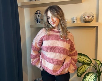 Striped Cardigan, Crochet Sweater, Handmade Sweater, Pink Cardigan, Knitted Sweater, Best Gift, Handmade Cardigan