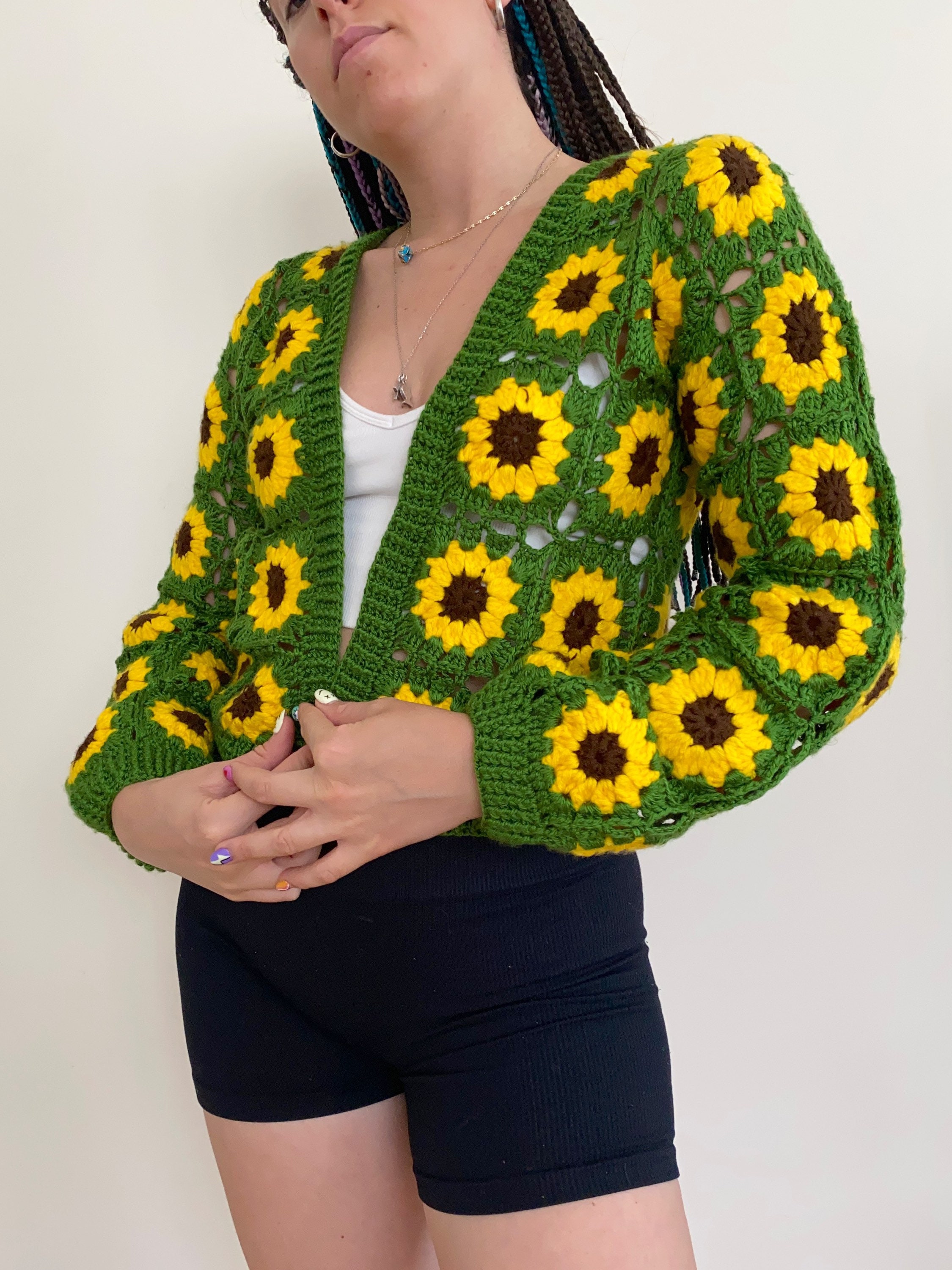 Sunflower Crochet Cardigan | Granny Square Cardigan | Green Sunflower Crochet Cardigan | Granny Square Cardigan | Green