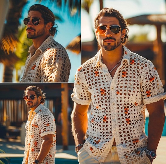 トップス BEAMS GRADATION CLOCHET KNIT SHIRT Handmade Crochet Knit Shirt, Men's Boho Beachwear - Etsy