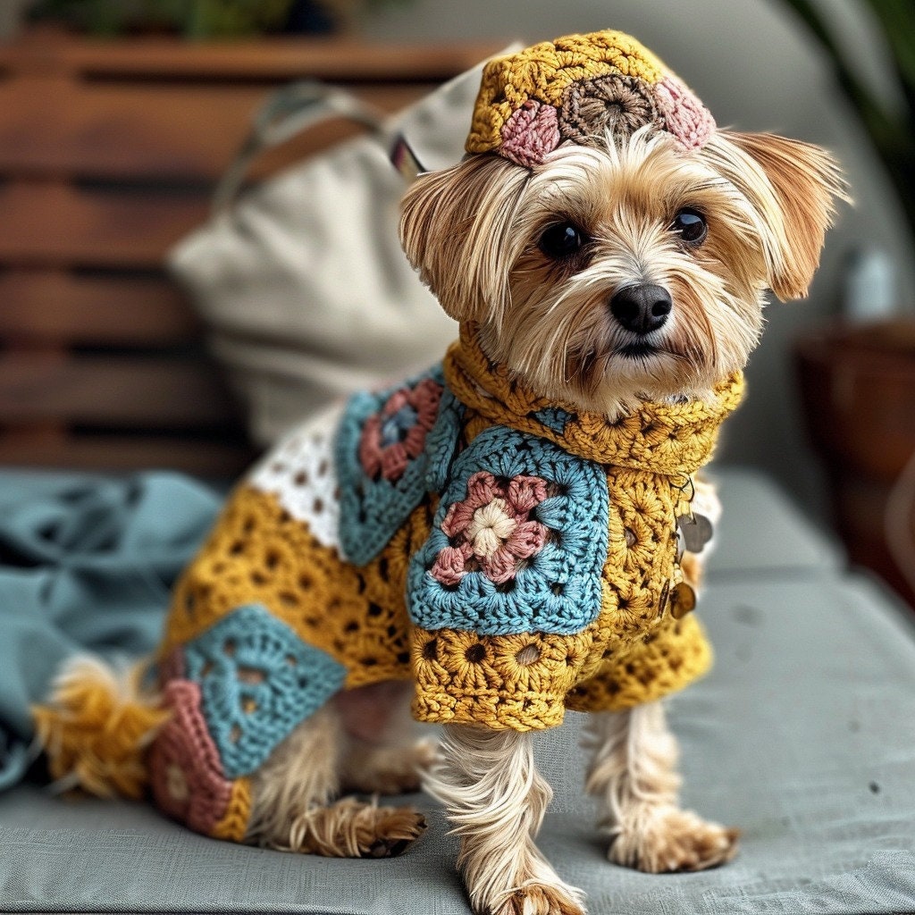 39 Dog Hat Crochet Patterns to Make for Photos, Gifts, and Festive Dress-Up 39 Handmade Crochet Dog Sweater and Hat: Boho Granny Square