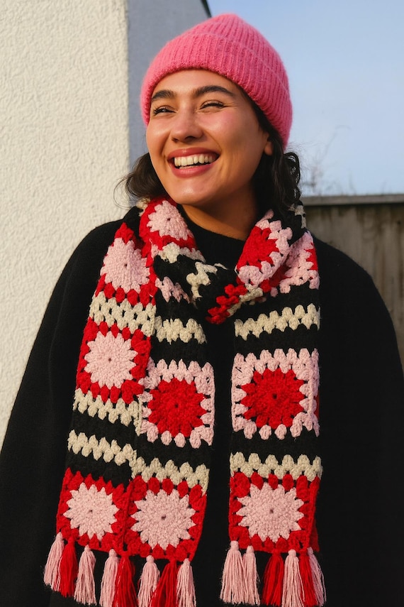 Red Pink Black Crochet Scarf – Handmade Boho Tassel Wrap