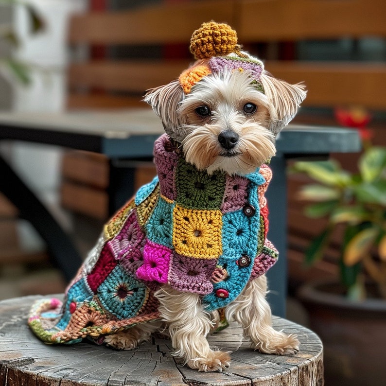 Handmade Crochet Dog Sweater, Colorful Pet Clothing, Granny Square Dog