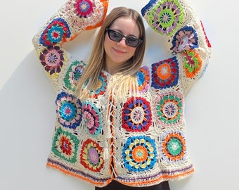 Granny Square Sweater, Patchwork Sweater, Crochet Sweater, Handmade Clothing, Colorful Knit Sweater, Crochet Spring Clothing