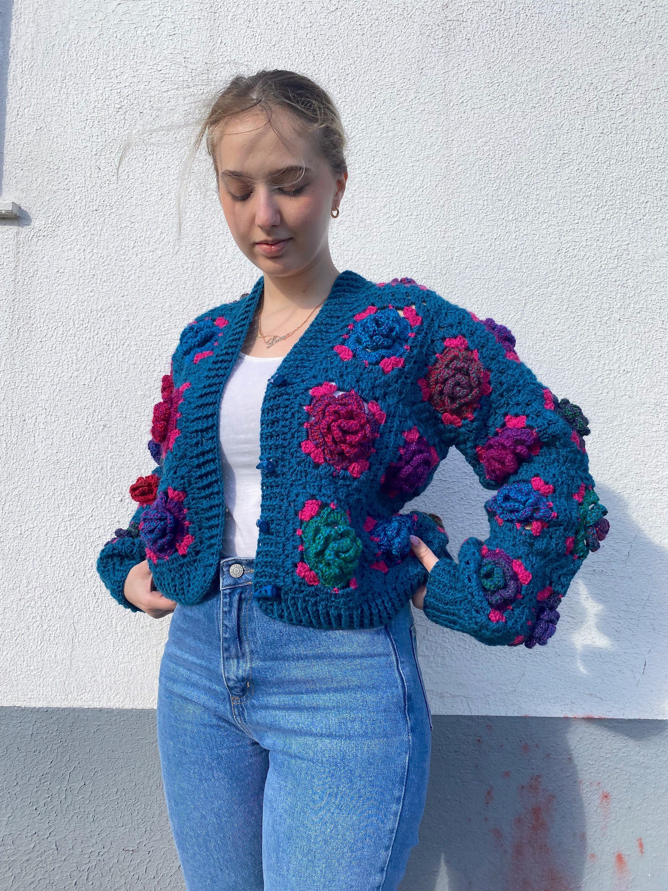 Crochet Rose Cardigan: Black & Red Patchwork Cotton Sweater - Etsy