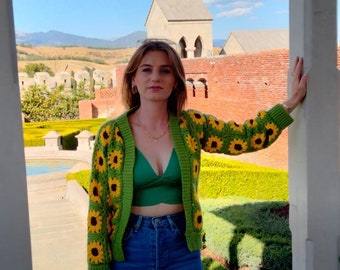 ひまわり❗️ALLUMER ハンドニットカーディガン 90's Sunflower Hand Knit Cardigan お花 ひまわり ハンドニット