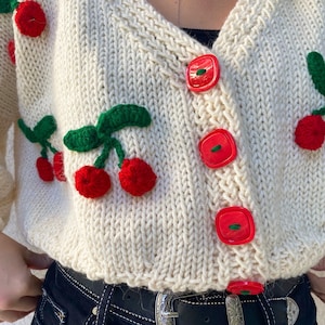 3D Cherry Cardigan Crochet Crop Cardigan White Cherry Sweater Boho Cardigan Gift For Her Cozy Crop Cardigan Knitted Cardigan image 5