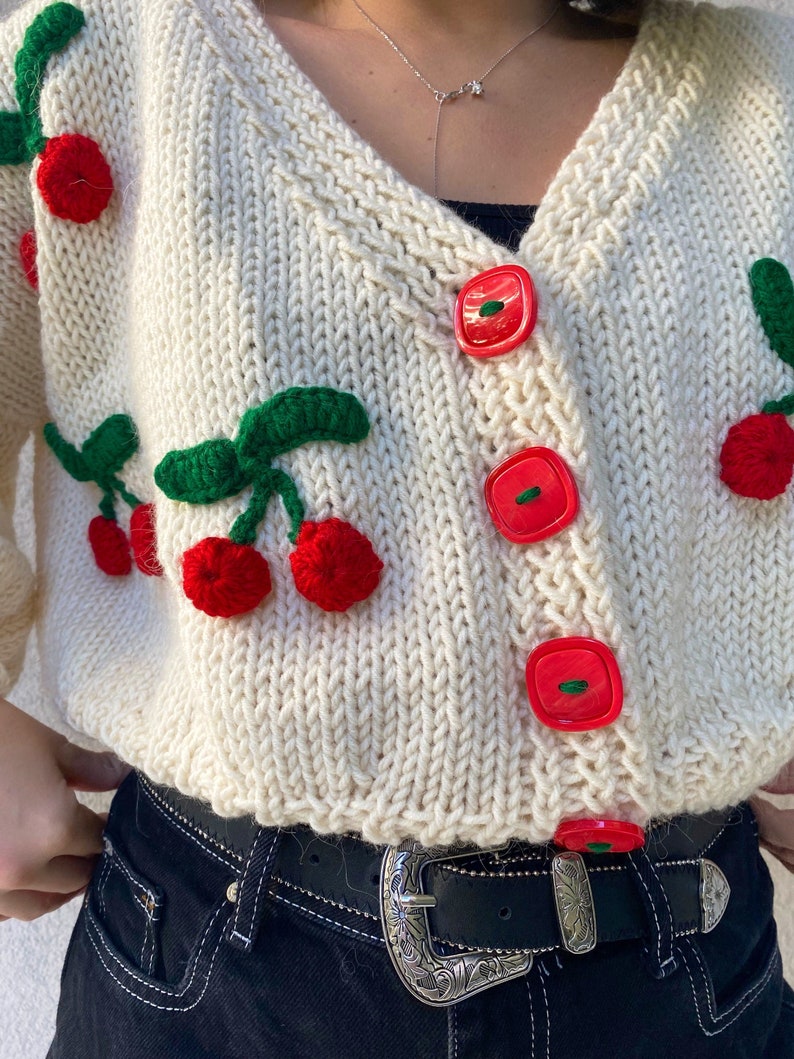 3D Cherry Cardigan Crochet Crop Cardigan White Cherry Sweater Boho Cardigan Gift For Her Cozy Crop Cardigan Knitted Cardigan image 5